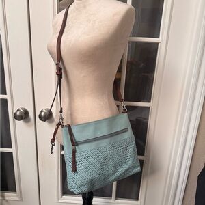 Fossil Cowhide Leather Crossbody Bag Light Turquoise Perforated Western
